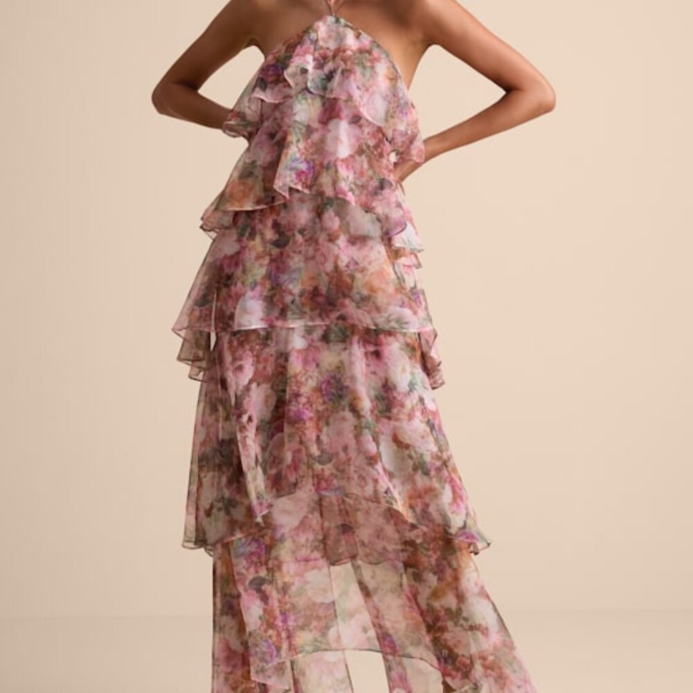 Lulus Melody Pink Floral Tiered Halter Maxi Dress - Size M